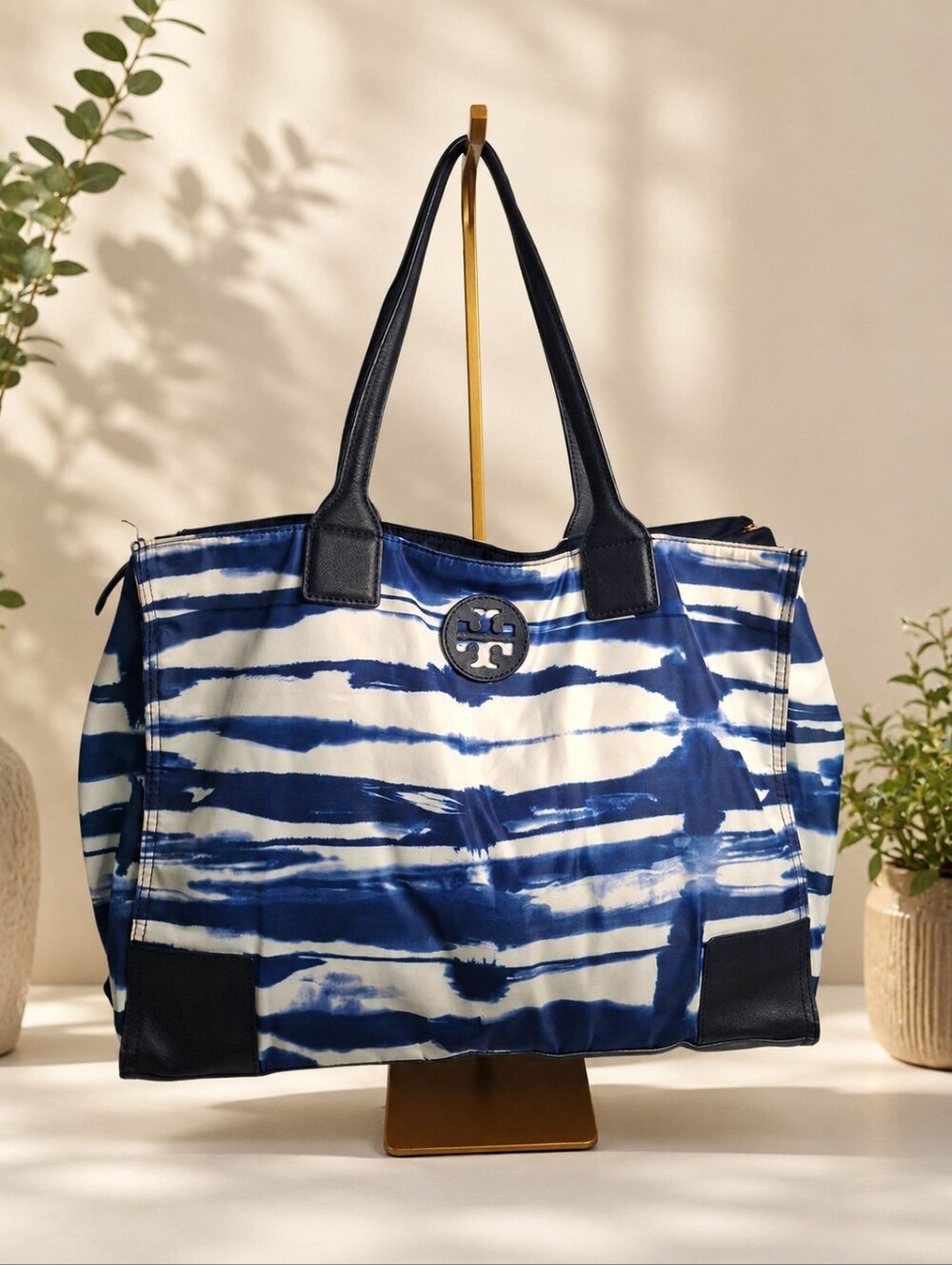 Tory Burch Ella Packable Nylon Tote Navy White Stripe Foldable Travel Bag